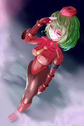 Rule 34 | 1girl, alternate costume, boots, breasts, covered navel, expressionless, fingerless gloves, garrison cap, gloves, glowing, glowing eyes, green hair, grey background, hat, kazami yuuka, large breasts, leotard, long sleeves, mimochiku, necktie, pantyhose, red eyes, red gloves, red leotard, ribbed leotard, shadaloo dolls, short hair, solo, touhou, v-shaped eyebrows, yellow necktie
