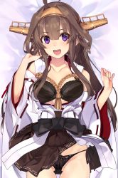 Rule 34 | 1girl, absurdres, ahoge, aiguillette, bare shoulders, black bra, black panties, black skirt, blush, bra, breasts, brown hair, cleavage, collarbone, commentary request, cowboy shot, dakimakura (medium), detached sleeves, double bun, gluteal fold, groin, hair between eyes, hair bun, hairband, hand up, has bad revision, has downscaled revision, headgear, highres, huge filesize, japanese clothes, kantai collection, kongou (kancolle), kongou kai ni (kancolle), large breasts, long hair, looking at viewer, lying, md5 mismatch, nontraditional miko, on back, open mouth, panties, purple eyes, resolution mismatch, ribbon-trimmed panties, shirokitsune, side-tie panties, sidelocks, skirt, smile, solo, source smaller, underwear, wide sleeves