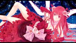 Rule 34 | 1girl, bad id, bad pixiv id, beads, corticarte apa lagranges, dress, elbow gloves, flower, frills, gloves, hair flower, hair ornament, hair ribbon, jewelry, letterboxed, lying, necklace, pink flower, pink rose, rara419, red dress, ribbon, rose, shinkyoku soukai polyphonica, solo, star (symbol)