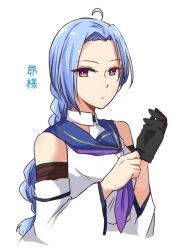Rule 34 | 1girl, adjusting clothes, adjusting gloves, ahoge, assault lily, bare shoulders, black gloves, blue hair, blue sailor collar, braid, braided ponytail, bright pupils, character name, closed mouth, cropped torso, detached sleeves, expressionless, gloves, hands up, igusa subaru, layered sleeves, long hair, long sleeves, looking at viewer, low ponytail, multicolored eyes, neckerchief, nigari (ngari 0115), odaiba girls high school uniform, orange eyes, parted bangs, purple eyes, purple neckerchief, sailor collar, school uniform, serafuku, shirt, simple background, single braid, single glove, sleeveless, sleeveless shirt, solo, translated, upper body, white background, white pupils, white shirt, wide sleeves