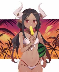 Rule 34 | 1girl, absurdres, ball, bangle, bare shoulders, beachball, bikini, black hair, blush, bracelet, collarbone, cowboy shot, dark-skinned female, dark skin, eating, flat chest, food, forehead, gradient hair, highres, holding, holding food, horn ornament, horns, jewelry, low twintails, multicolored hair, nail polish, navel, orange sky, original, outside border, palm tree, parted bangs, pointy ears, popsicle, red eyes, red hair, red nails, shibainu, sidelocks, sky, solo, stomach, sweat, swimsuit, thigh gap, tree, twintails, white bikini