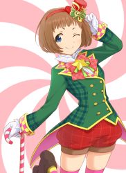 Rule 34 | 10s, 1girl, blue eyes, blush, boots, bow, brown hair, candy, candy cane, cane, coat, dani-ikapi, food, gloves, hairband, hat, hat tip, holding, holding candy, holding candy cane, holding food, idolmaster, idolmaster cinderella girls, kudo shinobu, one eye closed, short hair, smile, solo, star (symbol), striped clothes, striped thighhighs, thighhighs, wink