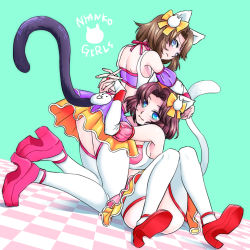 Rule 34 | 2girls, :3, animal ears, bad id, bad pixiv id, blue eyes, bow, bridal gauntlets, brown hair, cat (battle cats), cat ears, cat hair ornament, cat tail, detached sleeves, dutch angle, english text, from behind, hair bow, hair ornament, high heels, hug, idol, juliet sleeves, long sleeves, moneko (battle cats), multiple girls, neneko (battle cats), nyanko daisensou, aged up, puffy sleeves, purple hair, short hair, siblings, sisters, skirt, sleeveless, smile, tail, thighhighs, tile floor, tiles, wonome