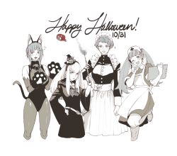 Rule 34 | 4girls, alternate costume, animal ears, animal hands, belt, bow, cat ears, cat paws, cat tail, clipboard, closed mouth, dated, english text, enmaided, fake animal ears, fake tail, female focus, fire emblem, fire emblem: three houses, greyscale, halloween, happy halloween, hat, highres, hilda valentine goneril, holding, holding wand, krazehkai, leonie pinelli, long hair, long sleeves, lysithea von ordelia, maid, maid headdress, marianne von edmund, monochrome, multiple girls, nintendo, nurse cap, one eye closed, open mouth, short hair, simple background, tail, twintails, wand, white background, wide sleeves, wink, witch hat