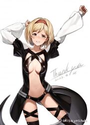 Rule 34 | 1girl, akisa yositake, arms up, bare shoulders, belt, black panties, blonde hair, blush, breasts, center opening, cleavage, commission, cosplay, dated, dizzy (guilty gear), dizzy (guilty gear) (cosplay), djeeta (granblue fantasy), english text, gluteal fold, granblue fantasy, guilty gear, hairband, highres, long sleeves, medium breasts, medium hair, midriff, navel, panties, puffy long sleeves, puffy sleeves, skeb commission, smile, solo, tail, thigh gap, thigh strap, thighs, twitter username, underwear