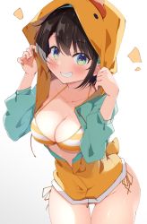 Rule 34 | 1girl, absurdres, aqua eyes, bad id, bad twitter id, bikini, bikini under clothes, blush, breasts, brown hair, cleavage, collarbone, cowboy shot, gluteal fold, grin, hands up, highres, holding hoodie, hololive, hood, hoodie, kuno (kc9s), looking at viewer, medium breasts, oozora subaru, oozora subaru (hololive summer 2019), open clothes, open hoodie, partially unzipped, short hair, side-tie bikini bottom, simple background, smile, solo, striped bikini, striped clothes, swept bangs, swimsuit, thigh gap, virtual youtuber, white background, wide hips