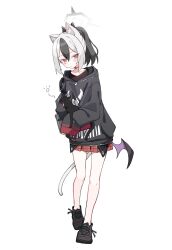 Rule 34 | 1girl, animal, animal ears, bare legs, black cat, black footwear, black hoodie, black horns, blue archive, blush, cat, cat ears, cat tail, closed mouth, commentary, demon horns, full body, hair between eyes, highres, holding, holding animal, holding cat, hood, hood down, hoodie, horns, kayoko (blue archive), kemonomimi mode, looking at viewer, low wings, medium hair, miniskirt, mole, multicolored hair, ponytail, red eyes, red skirt, sentouryoku 5, simple background, single wing, skirt, sleeves past fingers, sleeves past wrists, solo, tail, two-tone hair, white background, white tail, wings