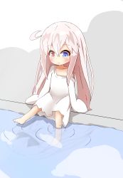 Rule 34 | 1girl, absurdres, barefoot, blue eyes, blush, closed mouth, collarbone, commentary request, hair between eyes, heterochromia, highres, idaten93, light smile, long hair, long sleeves, looking away, looking down, off shoulder, original, oversized clothes, oversized shirt, pink hair, red eyes, ruua (idaten93), shirt, sitting, sleeves past fingers, sleeves past wrists, soaking feet, solo, very long hair, water, white shirt