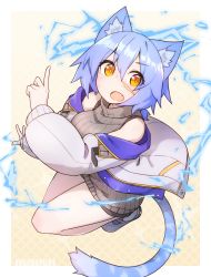Rule 34 | 1girl, absurdres, animal ear fluff, animal ears, blue hair, breasts, cat ears, cat tail, electricity, facial scar, fang, fur trim, highres, large breasts, looking at viewer, open mouth, orange eyes, original, ribbed sweater, ryota tentei, scar, scar on cheek, scar on face, short hair, short shorts, shorts, solo, sweater, sweater vest, sweater, tail, tora tentei