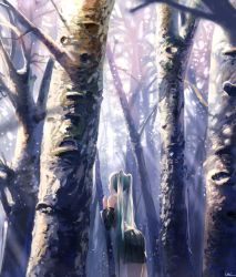 Rule 34 | 1girl, aqua hair, bare shoulders, black skirt, cowboy shot, day, detached sleeves, facing away, forest, hand up, hatsune miku, highres, leaning forward, leiq, long hair, long sleeves, nature, outdoors, plant, pleated skirt, signature, skirt, snowing, solo, standing, sunlight, tree, twintails, very long hair, vocaloid, winter