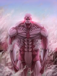 Rule 34 | 1boy, abs, armored titan, blonde hair, clear sky, closed mouth, debris, feet out of frame, giant, giant male, male focus, muscular, muscular male, nene (10575936), pectorals, shingeki no kyojin, sky, smoke, solo, sunset, titan (shingeki no kyojin)