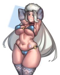 Rule 34 | 1girl, arm behind head, armpits, arms up, bikini, blue bikini, blue eyes, blue thighhighs, blush, breasts, cleavage, commentary, covered erect nipples, creatures (company), curvy, eyelashes, female focus, game freak, gloves, grey hair, grey thighhighs, highres, kelvin hiu, large breasts, long hair, looking at viewer, mature female, melony (pokemon), multicolored hair, navel, nintendo, o-ring, o-ring bikini, partially fingerless gloves, poke ball, pokemon, pokemon swsh, see-through, shiny skin, solo, streaked hair, swimsuit, tattoo, thick eyebrows, thighhighs, thighs, ultra ball, underboob, very long hair, white hair, white headwear