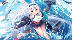 Rule 34 | 1girl, animal ears, azur lane, bare shoulders, bird, blue sky, blush, cloud, cloudy sky, company connection, company name, copyright name, day, hairband, highres, holding, holding sword, holding weapon, jacket, leaning forward, leg up, logo, long sleeves, looking at viewer, machinery, ocean, off shoulder, official art, open clothes, open jacket, open mouth, outdoors, pleated skirt, rabbit ears, seagull, second-party source, shimakaze (azur lane), shiny skin, silveroid, simple background, skirt, sky, smile, sword, torpedo launcher, trigger discipline, water, water drop, weapon, white hair, yellow eyes