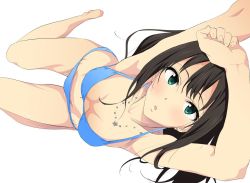 Rule 34 | 10s, 1girl, armpits, arms up, bikini, breasts, brown hair, earrings, green eyes, halterneck, idolmaster, idolmaster cinderella girls, jewelry, long hair, looking at viewer, navel, necklace, open mouth, pussy juice, shibuya rin, simple background, solo, string bikini, sweat, swimsuit, white background, yoshiki360