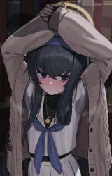 Rule 34 | 1girl, absurdres, arms up, black hair, blue archive, blue eyes, blue neckerchief, blush, bookshelf, closed mouth, commentary request, hair between eyes, halo, headband, heavy breathing, highres, jewelry, kuro (zhurunbo1997), library, long hair, long sleeves, looking away, looking to the side, neckerchief, necklace, sailor collar, school uniform, sleeves past wrists, solo, sweater, ui (blue archive)