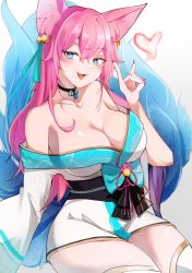 Rule 34 | 1girl, absurdres, ahri (league of legends), animal ears, bell, blue tail, breasts, cleavage, collarbone, facial mark, fox ears, fox shadow puppet, fox tail, hair bell, hair ornament, heart, highres, korean clothes, kyuubi, large breasts, league of legends, looking at viewer, low neckline, multiple tails, nail polish, open mouth, red nails, saki (14793221), simple background, solo, spirit blossom ahri, tail, whisker markings, white background