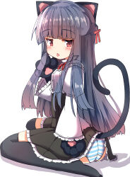 Rule 34 | 1girl, absurdres, animal ears, animal hands, ass, black gloves, black hair, black skirt, black thighhighs, blunt bangs, blush, bow, braid, cat ears, cat girl, cat tail, commentary request, frilled skirt, frills, gloves, hair bow, highres, idolmaster, idolmaster cinderella girls, idolmaster cinderella girls starlight stage, juliet sleeves, kemonomimi mode, long hair, long sleeves, no shoes, panties, parted lips, paw gloves, pleated skirt, puffy sleeves, red bow, red eyes, sajo yukimi, shadow, shirt, simple background, sitting, skirt, solo, striped clothes, striped panties, tail, thighhighs, tongue, tongue out, umberblack, underwear, very long hair, wariza, white background, white shirt