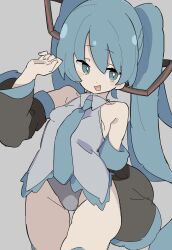 Rule 34 | 1girl, :d, absurdres, aqua eyes, aqua hair, aqua necktie, bare shoulders, black sleeves, blush stickers, detached sleeves, diamond-shaped pupils, diamond (shape), grey background, grey shirt, hatsune miku, highres, n40a1, naughty face, necktie, no pants, open mouth, shirt, smile, solo, symbol-shaped pupils, thighs, twintails, vocaloid