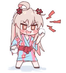 Rule 34 | 1girl, ahoge, anger vein, angry, blush stickers, brown eyes, chibi, commentary request, floral print, holding, holding snowball, japanese clothes, kimono, korean commentary, long hair, m1ch, onii-chan wa oshimai!, open mouth, oyama mahiro, pink hair, print kimono, sash, simple background, snowball, solo, very long hair, white background, yukata