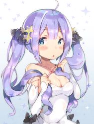 Rule 34 | 1girl, :o, ahoge, alternate hairstyle, azur lane, black bow, black ribbon, blue background, blue eyes, blush, bow, breasts, cleavage, collarbone, commentary request, criss-cross halter, detached sleeves, dress, ears visible through hair, gradient background, hair between eyes, hair ornament, hair ribbon, halterneck, kibii mocha, long hair, long sleeves, looking at viewer, medium breasts, parted lips, purple hair, ribbon, sleeves past wrists, solo, star (symbol), star hair ornament, starry background, twintails, unicorn (azur lane), very long hair, white background, white dress