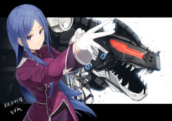 Rule 34 | 1girl, blue hair, breasts, buttons, collared shirt, double-breasted, gloves, hannah melville, long hair, long sleeves, mecha, meth (emethmeth), parted bangs, purple eyes, robot, shirt, sidelocks, smile, solo, white gloves, zoids wild zero