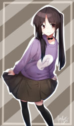 Rule 34 | 1girl, black bow, black bowtie, black thighhighs, blush, bow, bowtie, brown eyes, brown hair, collarbone, long hair, long sleeves, looking at viewer, original, outline, signature, skirt, skirt hold, solo, striped, striped background, thighhighs, tilt-shift (azalanz), twintails, white outline