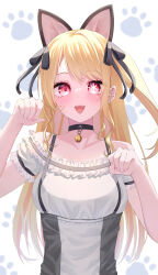 Rule 34 | 1girl, :d, absurdres, animal ears, bare shoulders, bell, black choker, blonde hair, blush, cat ears, choker, collar, collarbone, frilled shirt, frills, hair ribbon, highres, hoshino ruby, kurage ao, long hair, looking at viewer, mismatched pupils, neck bell, one side up, open mouth, oshi no ko, paw pose, paw print, paw print background, red eyes, ribbon, shirt, smile, solo, star-shaped pupils, star (symbol), straight-on, symbol-shaped pupils, upper body, white background