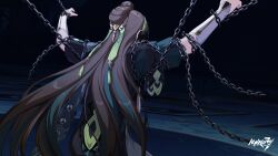 Rule 34 | 1boy, arms up, baiji (honkai impact), black jacket, brown hair, chain, commentary, detached sleeves, english commentary, facing down, from behind, green hair, green jacket, hair bun, hair ornament, highres, honkai (series), honkai impact 3rd, jacket, kneeling, logo, long hair, male focus, multicolored clothes, multicolored hair, multicolored jacket, official art, official wallpaper, restrained, single hair bun, solo, streaked hair, tassel, two-tone jacket, very long hair, white sleeves