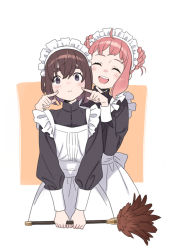 Rule 34 | 2girls, :i, ^ ^, ahoge, apron, black dress, blush, brown eyes, brown hair, cheek poking, closed eyes, closed mouth, cropped torso, doughnut hair bun, dress, duster, feather duster, hair bun, hands up, holding, holding duster, ito fumi, long sleeves, looking at viewer, maid, maid apron, maid headdress, multiple girls, open mouth, original, pink hair, poking, short hair, teeth, thick eyebrows, upper body, upper teeth only, v arms