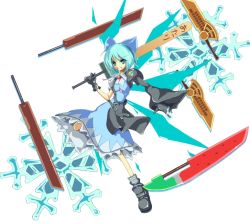 Rule 34 | 1girl, advent cirno, blue eyes, blue hair, bow, cirno, full body, gloves, grin, hair bow, long sleeves, matching hair/eyes, puffy sleeves, sanshirou, short hair, short sleeves, smile, snowflakes, solo, sword, touhou, weapon