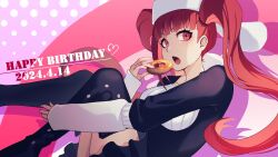Rule 34 | 1girl, 2024, :o, black dress, black thighhighs, bleach, commentary, dated, dokugamine riruka, doughnut, dress, drop shadow, eyelashes, feet out of frame, floating hair, food, hand up, happy birthday, hat, heart, highres, holding, holding doughnut, holding food, knees together feet apart, knees up, light blush, long hair, looking at viewer, multicolored background, open mouth, pink background, polka dot, polka dot background, purple background, red eyes, red hair, short dress, simple background, sitting, sleeves past wrists, solo, sumire 1046, thighhighs, twintails, very long hair, white hat, zettai ryouiki