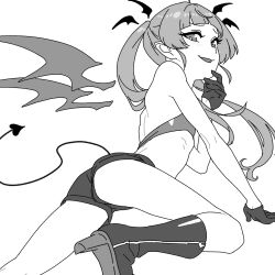 Rule 34 | 1girl, arm support, ass, bandeau, blunt bangs, boots, commentary request, demon girl, demon tail, demon wings, detached wings, flat chest, furrowed brow, gloves, greyscale, hand on own chin, high heel boots, high heels, highres, knee boots, long hair, looking at viewer, looking back, magari (c0rn3r), mesugaki, mochi hiyoko, mochipro, monochrome, naughty face, open mouth, pointy ears, revealing clothes, ribs, short shorts, shorts, shoulder blades, skinny, smile, solo, tail, twintails, wing hair ornament, wings