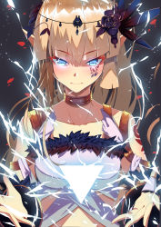 Rule 34 | 1girl, 3:, 3:&lt;, absurdres, arms at sides, black background, black flower, black rose, blonde hair, blue eyes, breasts, closed mouth, electricity, facial tattoo, feathers, flower, glowing, glowing eyes, hair flower, hair ornament, half-closed eyes, highres, looking at viewer, lucky (1045044604), medium breasts, original, outstretched hand, rose, simple background, solo, tattoo, triangle, tsurime, upper body, v-shaped eyebrows