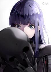 Rule 34 | 1girl, bad id, bad pixiv id, black gloves, black jacket, blurry, blurry foreground, commentary request, copyright request, covered mouth, depth of field, gloves, gradient background, grey background, grey eyes, helm, helmet, highres, holding, holding helmet, hoshizaki reita, jacket, long hair, looking at viewer, purple hair, signature, solo, upper body, white background