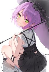 Rule 34 | 1girl, bare arms, bare legs, black skirt, blush, closed mouth, clothing cutout, demon tail, ear piercing, from behind, green eyes, heart cutout, holding, holding umbrella, hololive, looking at viewer, looking back, piercing, pleated skirt, pointy ears, purple hair, shirakawa4869, shirt, short hair, skirt, socks, solo, squatting, tail, tail ornament, tail piercing, tail through clothes, thigh strap, tokoyami towa, umbrella, virtual youtuber, white shirt, white socks