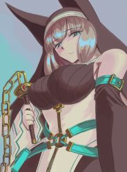 Rule 34 | 1girl, aqua eyes, aqua pupils, bare shoulders, black headwear, black sleeves, bombergirl, breasts, chain, closed mouth, detached sleeves, flail, from below, gloves, gold chain, habit, holding, holding flail, holding weapon, large breasts, light brown hair, long hair, long sleeves, looking at viewer, multicolored background, sepia belmont, smile, solo, standing, vaison, weapon, white gloves, wide sleeves