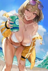 Rule 34 | 1girl, ahoge, anis (nikke), anis (sparkling summer) (nikke), bare shoulders, beach, bent over, bikini, breasts, brown eyes, can, cleavage, day, eyepatch bikini, eyewear on head, goddess of victory: nikke, hand on own thigh, highres, hintobento, holding, holding can, jacket, jewelry, large breasts, light brown hair, lips, looking at viewer, necklace, ocean, off-shoulder jacket, off shoulder, official alternate costume, outdoors, parted lips, pink-tinted eyewear, reaching, reaching towards viewer, sand, short hair, side-tie bikini bottom, smile, solo, string bikini, sunglasses, swimsuit, tinted eyewear, water, white bikini, yellow jacket