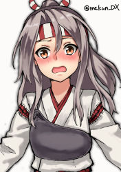 Rule 34 | 1girl, brown eyes, grey hair, hachimaki, headband, high ponytail, kantai collection, long hair, looking at viewer, maakun (makun dx), muneate, one-hour drawing challenge, simple background, solo, twitter username, upper body, white background, zuihou (kancolle)