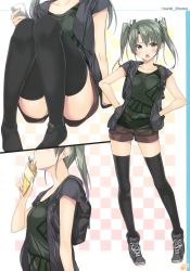 Rule 34 | 10s, 1girl, absurdres, alternate costume, backpack, bag, black thighhighs, breasts, brown eyes, casual, cellphone, collarbone, contrapposto, convenient leg, crepe, eating, food, from side, gintarou (kurousagi108), green hair, green panties, hair ribbon, hands in pockets, head out of frame, highres, kantai collection, medium breasts, multiple girls, multiple views, no shoes, open mouth, panties, pantyshot, phone, pigeon-toed, ribbon, scan, shoes, short shorts, shorts, sitting, smartphone, sneakers, thighhighs, twintails, underwear, upshorts, zettai ryouiki, zuikaku (kancolle)