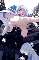 Rule 34 | 2girls, :d, blue hair, blue nails, cellphone, foreshortening, gawr gura, gawr gura (1st costume), giant, giantess, hand focus, highres, hololive, hololive english, long hair, multiple girls, nail polish, open mouth, phone, red eyes, reflect (gawr gura), sexmiss, sharp teeth, simple background, smartphone, smile, teeth, two side up, virtual youtuber, white background, white hair