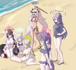Rule 34 | 1boy, 6+girls, absurdly long hair, alternate costume, alternate hairstyle, anger vein, animal ear fluff, animal ears, armpits, arms behind back, arms up, bare shoulders, beach, belt, bikini, black bikini, black hair, black shirt, blue archive, blue eyes, blush, breasts, buried, cat ears, cleavage, closed mouth, collarbone, commentary request, competition swimsuit, dark skin, eyewear on head, flower, fox ears, fox tail, from above, from behind, full body, green eyes, grey background, grey hair, hair between eyes, halo, heart, highres, holding, holding sword, holding weapon, iori (blue archive), iori (swimsuit) (blue archive), large breasts, long hair, looking at another, multi-strapped bikini bottom, multiple girls, navel, nonomi (blue archive), nonomi (swimsuit) (blue archive), ocean, off-shoulder bikini, off shoulder, one-piece swimsuit, ponytail, purple eyes, purple hair, red eyes, sandals, sensei (blue archive), serika (blue archive), serika (swimsuit) (blue archive), shiroko (blue archive), shiroko (swimsuit) (blue archive), shirt, short sleeves, side-tie bikini bottom, sidelocks, sitting, smile, spaghetti strap, squatting, standing, stomach, sunglasses, sweatdrop, swimsuit, sword, tail, thighlet, tonomiya68, trapped, twintails, two side up, very long hair, wakamo (blue archive), wakamo (swimsuit) (blue archive), walking, wariza, weapon, white bikini, wooden sword, yellow bikini, yellow eyes, yuuka (blue archive)