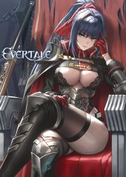 Rule 34 | 1girl, armor, armored boots, black thighhighs, blue hair, boots, breasts, cape, cleavage, closed mouth, copyright name, crossed legs, cuboon, evertale, gloves, green eyes, hair intakes, highres, large breasts, lips, long hair, long sleeves, ludmilla (evertale), official art, ponytail, red gloves, shiny skin, shoulder armor, simple background, sitting, solo, thighhighs, thighs, throne