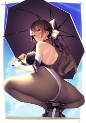 Rule 34 | 1girl, ass, azur lane, black hair, black pantyhose, blue sky, bow, breasts, brown eyes, cloud, commentary request, from behind, hair flaps, highres, kanjy00u, large breasts, leotard, long hair, looking at viewer, multicolored leotard, pantyhose, ponytail, race queen, sky, solo, squatting, takao (azur lane), takao (full throttle charmer) (azur lane), two-tone leotard, umbrella, white bow