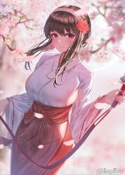 Rule 34 | absurdres, adapted uniform, alternate costume, black hair, breasts, cherry blossoms, clothing cutout, flower, hair flower, hair ornament, hairband, hakama, highres, hip vent, japanese clothes, kohaku komeiji, large breasts, light smile, looking at viewer, miko, nontraditional miko, red eyes, red hakama, sideboob, sideboob cutout, spy x family, wide sleeves, yor briar