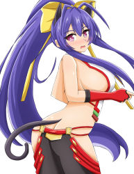 Rule 34 | 1girl, animal ears, antenna hair, arc system works, artist request, ass, bare shoulders, blazblue, blue hair, bow, breasts, butt crack, cat ears, cat tail, fingerless gloves, from behind, genderswap, genderswap (mtf), gloves, hair bow, hair ribbon, halterneck, highres, large breasts, long hair, looking at viewer, looking back, mai natsume, pants, ponytail, purple eyes, ribbon, shiny skin, sideboob, solo, tail, very long hair