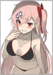 Rule 34 | 1girl, bare shoulders, bikini, black bikini, blush, border, bow, braid, breasts, collarbone, commentary, dakunesu, girls&#039; frontline, grin, groin, hair between eyes, hair bow, hair ornament, hair ribbon, hairclip, hand up, hexagram, leaning forward, long hair, looking at viewer, navel, negev (girls&#039; frontline), one side up, pink hair, pink lips, red bow, red eyes, ribbon, simple background, smile, solo, star of david, stomach, string bikini, swimsuit, unfinished