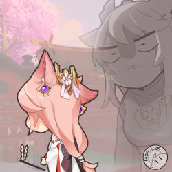 Rule 34 | 1girl, 3d background, artist name, commentary, detached sleeves, earrings, ears up, english commentary, from behind, genshin impact, gohei, hair between eyes, hair ornament, japanese clothes, jewelry, long hair, long sleeves, low-tied long hair, masollyn, nontraditional miko, pink hair, sidelocks, solo, surprised, vision (genshin impact), yae miko, zoom layer