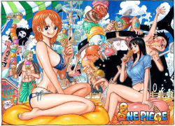 Rule 34 | 2girls, 6+boys, abs, barefoot, bikini, bird, black eyes, black hair, blonde hair, blue hair, blue sky, breasts, brook (one piece), chain, cigarette, cleaned, cloud, crossed legs, feet, fingernails, food, forehead, franky (one piece), from side, full body, gold chain, green hair, happy, heart, highres, ice cream, jumping, knees, legs, licking lips, monkey d. luffy, multiple boys, multiple girls, nami (one piece), nico robin, oda eiichirou, official art, one piece, orange hair, roronoa zoro, sanji (one piece), scar, seagull, short hair, sideboob, sitting, sky, smile, summer, swimsuit, teeth, thighs, toes, tongue, tongue out, tony tony chopper, usopp, water slide, wet, wet hair