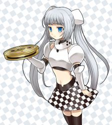 Rule 34 | 10s, 1girl, black thighhighs, blue eyes, checkered background, checkered clothes, checkered skirt, long hair, miss monochrome, miss monochrome (character), robotic vacuum cleaner, ruu-chan, sato (jelly ap), silver hair, skirt, solo, thighhighs, twintails, vacuum cleaner, very long hair