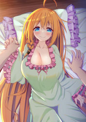 Rule 34 | 1girl, ahoge, blue eyes, blush, breasts, cleavage, come hither, from above, highres, holding hands, interlocked fingers, large breasts, long hair, looking at viewer, lying, nightgown, on back, on bed, orange hair, pecorine (princess connect!), pillow, pov, pov hands, princess connect!, smile, solo focus, syurimp, very long hair